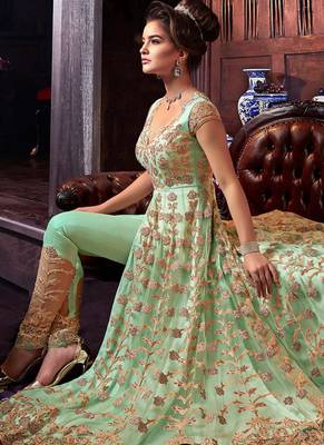 Sea green Net Heavy Embroidered Designer Semi Stiched Suit 3