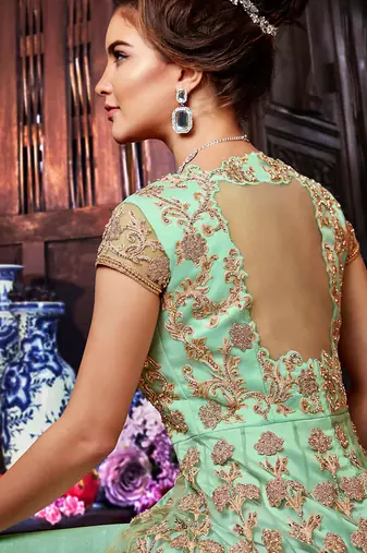 Sea green Net Heavy Embroidered Designer Semi Stiched Suit