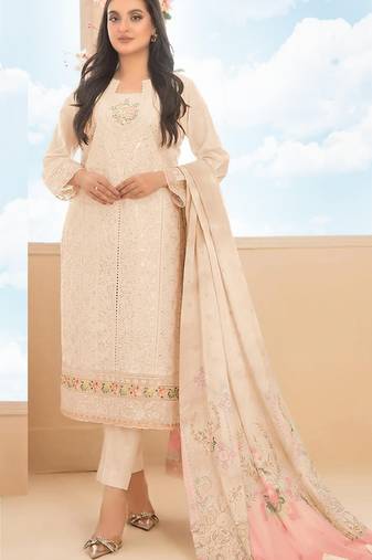 Peach cambric cotton semi stitched suit with embroidery & sequence work