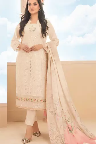 Peach cambric cotton semi stitched suit with embroidery & sequence work