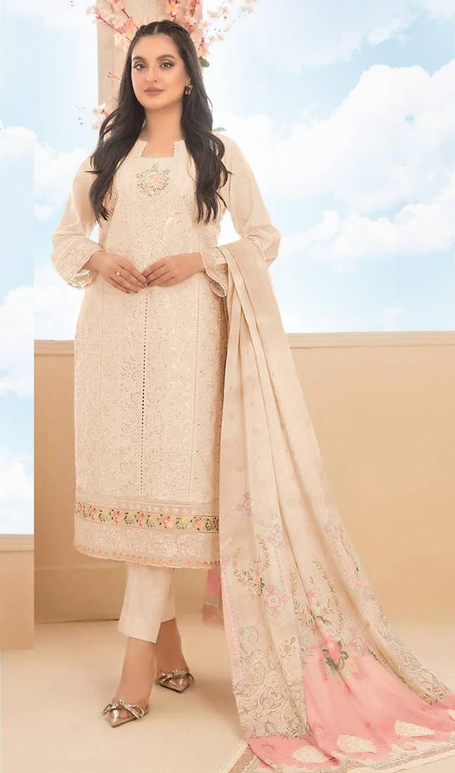 Peach cambric cotton semi stitched suit with embroidery & sequence work