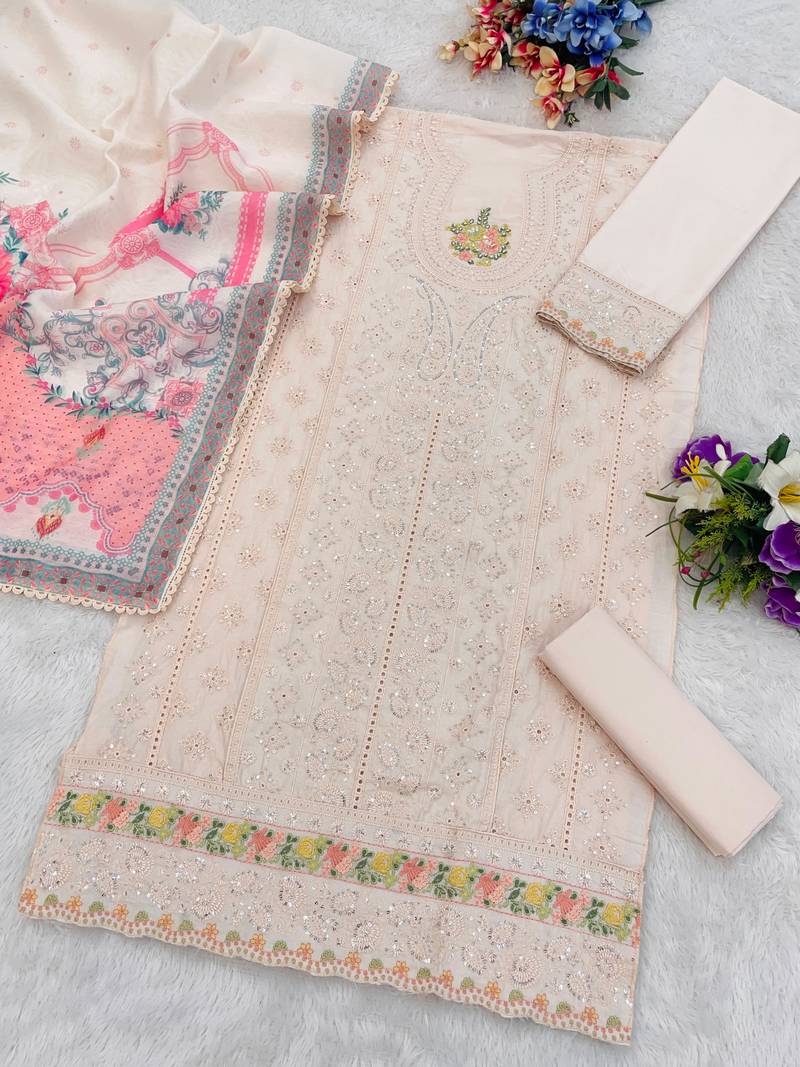 Peach cambric cotton semi stitched suit with embroidery & sequence work