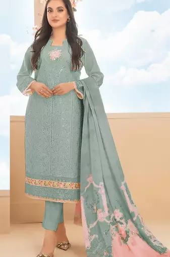 Sky blue cambric cotton semi stitched suit with embroidery & sequence work
