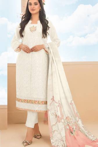 White cambric cotton semi stitched suit with embroidery & sequence work