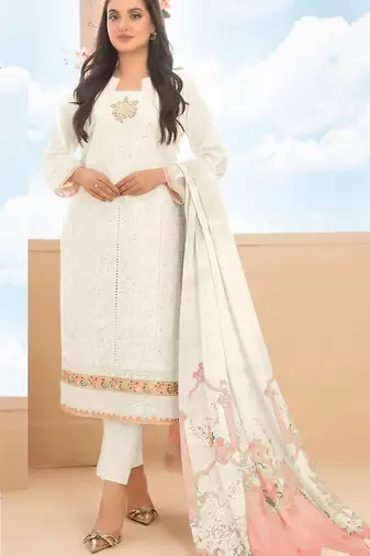 White cambric cotton semi stitched suit with embroidery & sequence work