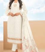 White cambric cotton semi stitched suit with embroidery & sequence work