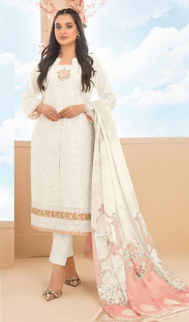 White cambric cotton semi stitched suit with embroidery & sequence work