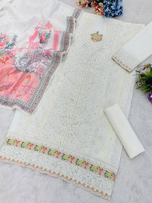 White cambric cotton semi stitched suit with embroidery & sequence work 2