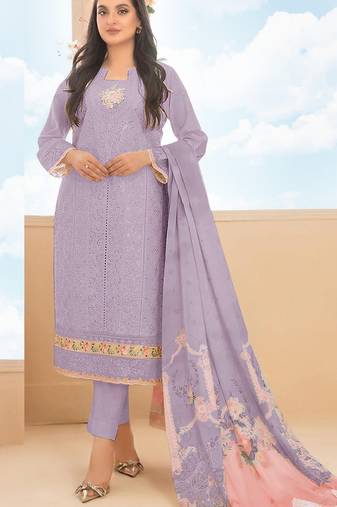 Purple cambric cotton semi stitched suit with embroidery & sequence work