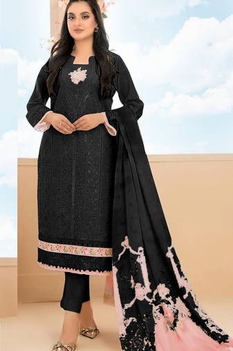 Black cambric cotton semi stitched suit with embroidery & sequence work