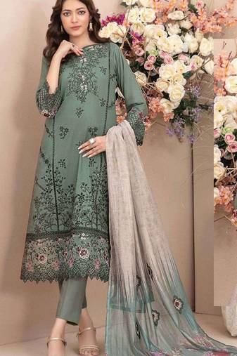 D green cambric cotton semi stitched suit with embroidery & sequence work