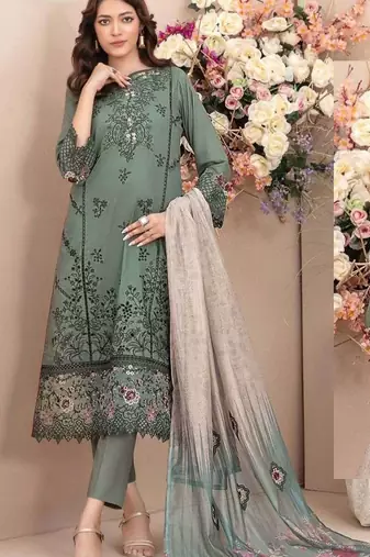 D green cambric cotton semi stitched suit with embroidery & sequence work