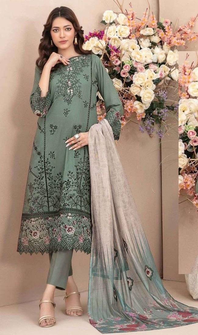 D green cambric cotton semi stitched suit with embroidery & sequence work