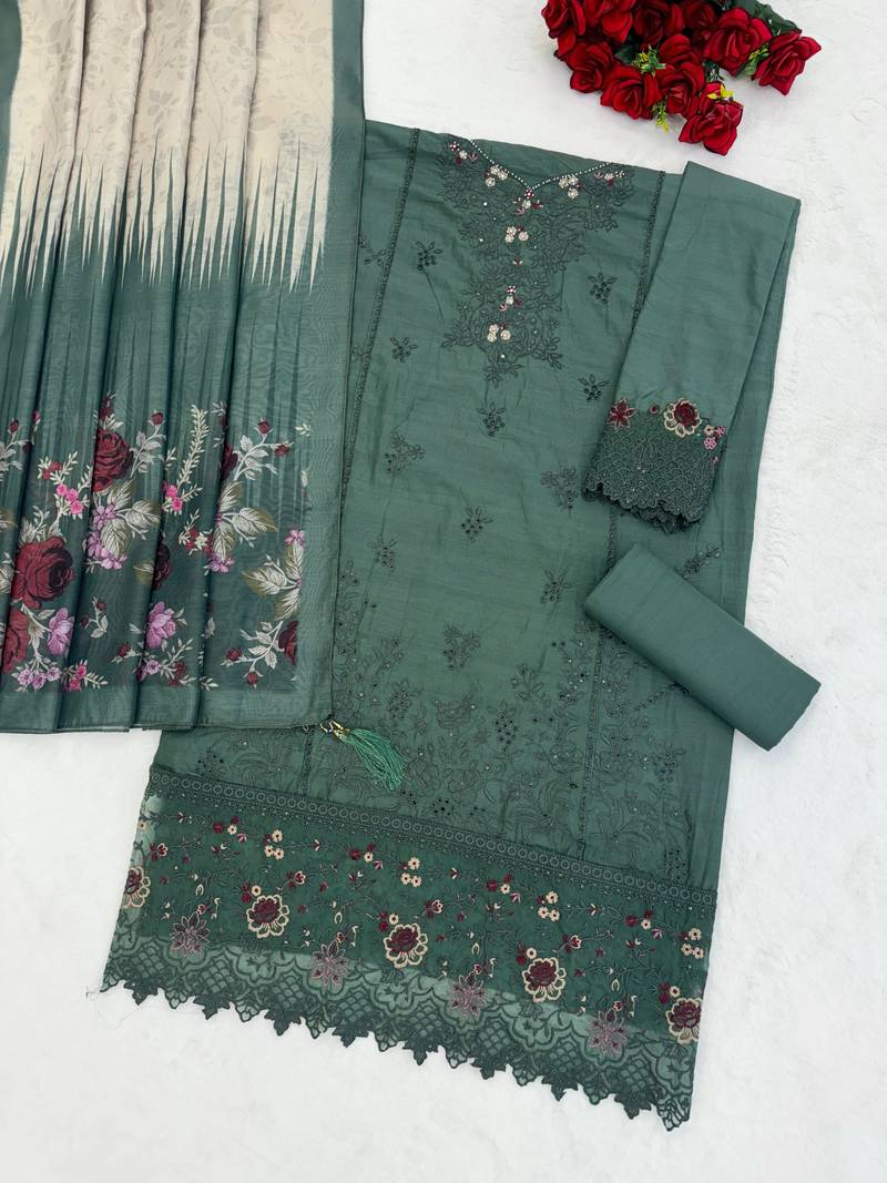 D green cambric cotton semi stitched suit with embroidery & sequence work