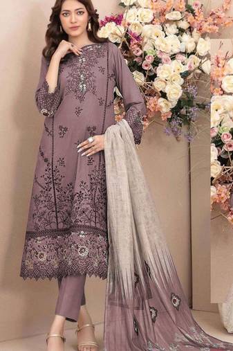 Mauve cambric cotton semi stitched suit with embroidery & sequence work