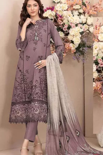 Mauve cambric cotton semi stitched suit with embroidery & sequence work