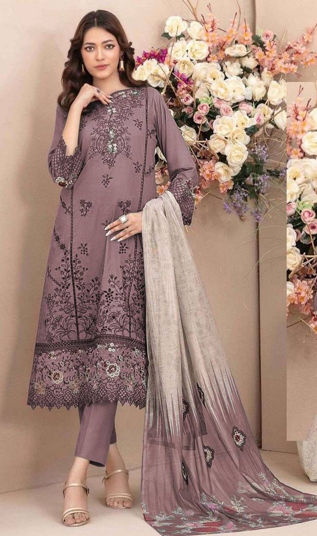 Mauve cambric cotton semi stitched suit with embroidery & sequence work