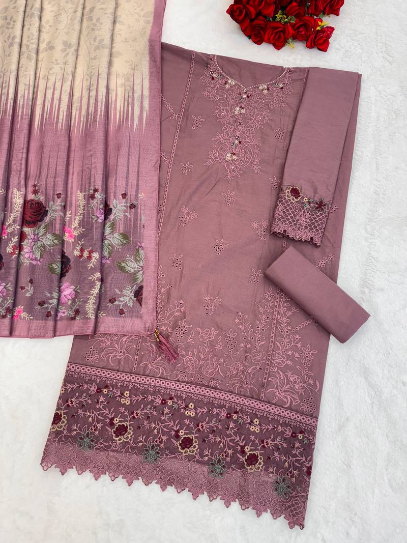 Mauve cambric cotton semi stitched suit with embroidery & sequence work