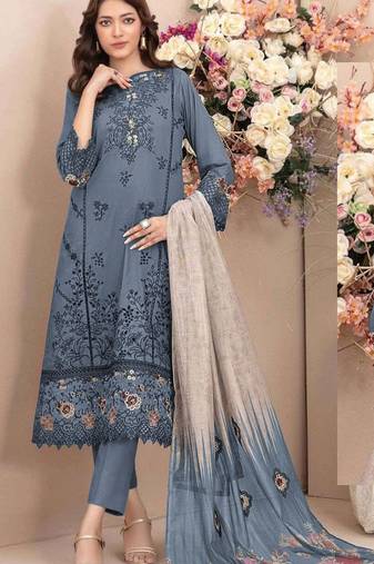 D blue cambric cotton semi stitched suit with embroidery & sequence work