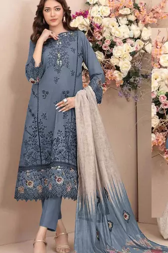 D blue cambric cotton semi stitched suit with embroidery & sequence work