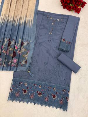 D blue cambric cotton semi stitched suit with embroidery & sequence work 2