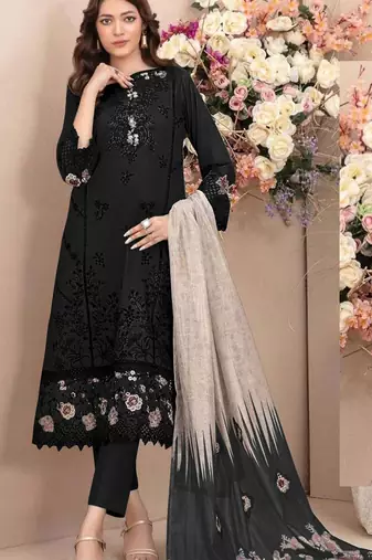 Black cambric cotton semi stitched suit with embroidery & sequence work