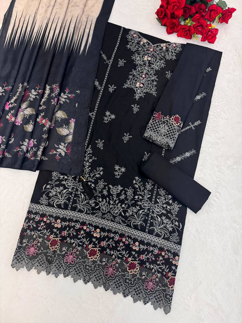 Black cambric cotton semi stitched suit with embroidery & sequence work