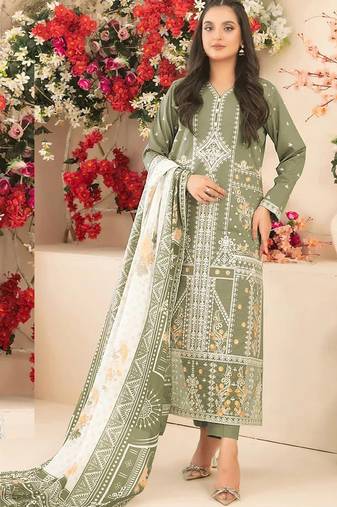 Mehendi cambric cotton semi stitched suit with embroidery & sequence work