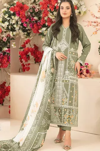 Mehendi cambric cotton semi stitched suit with embroidery & sequence work