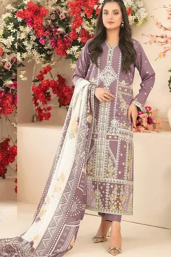 Purple cambric cotton semi stitched suit with embroidery & sequence work
