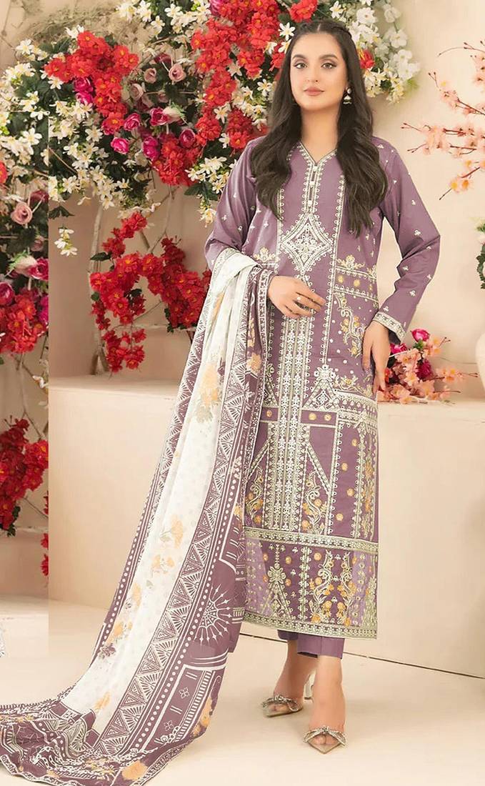 Purple cambric cotton semi stitched suit with embroidery & sequence work