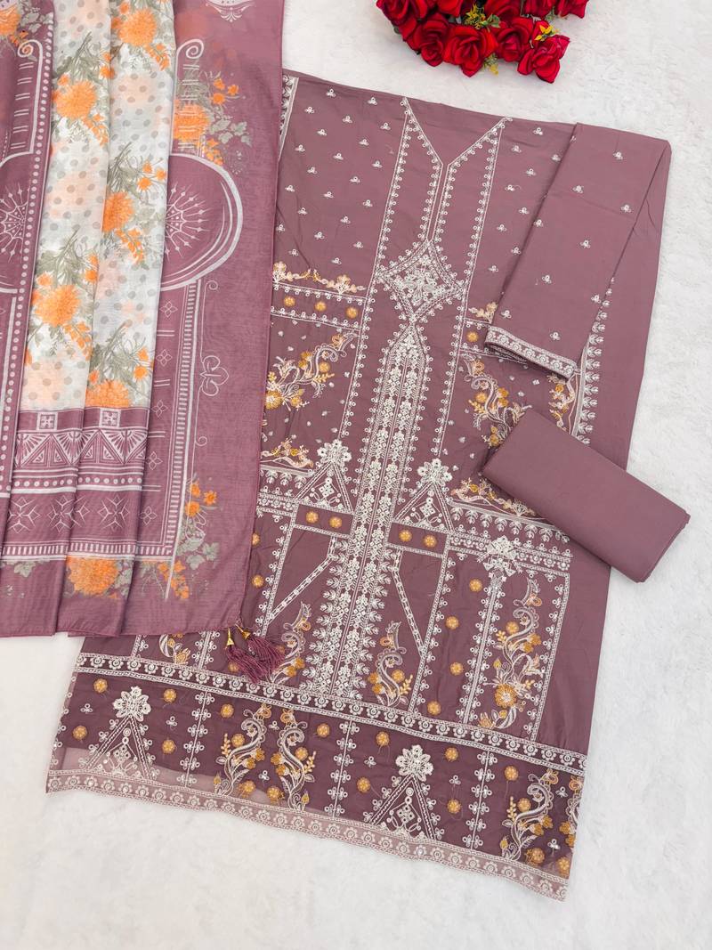 Purple cambric cotton semi stitched suit with embroidery & sequence work