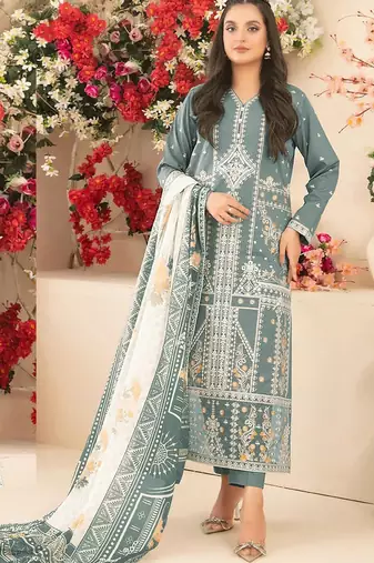 Turquoise cambric cotton semi stitched suit with embroidery & sequence work