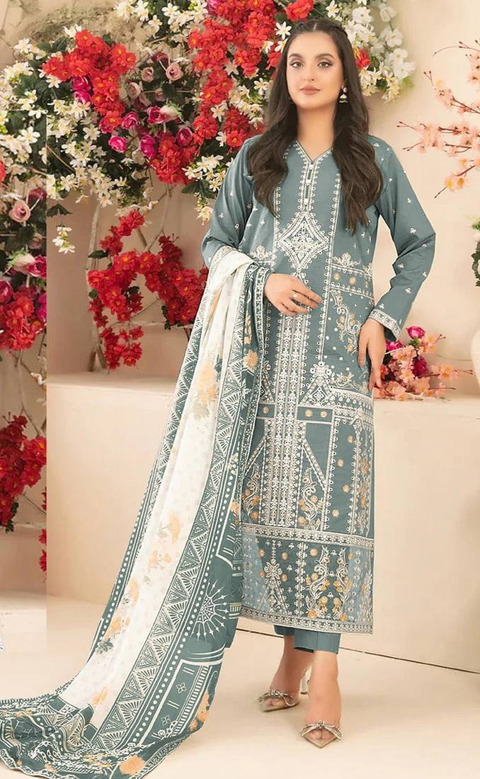 Turquoise cambric cotton semi stitched suit with embroidery & sequence work