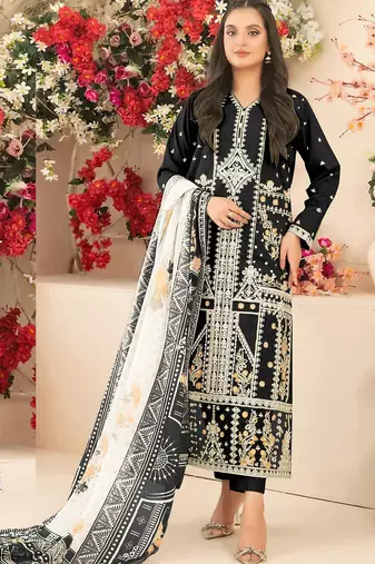 Black cambric cotton semi stitched suit with embroidery & sequence work