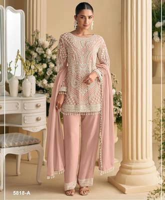 Peach georgette suit with embroidered beads & sequin  1