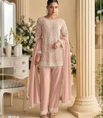 Peach georgette semi stitched suit with embroidered beads & sequence work
