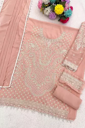 Peach georgette suit with embroidered beads & sequin 