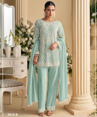 Sky blue georgette suit with embroidered beads & sequin  1