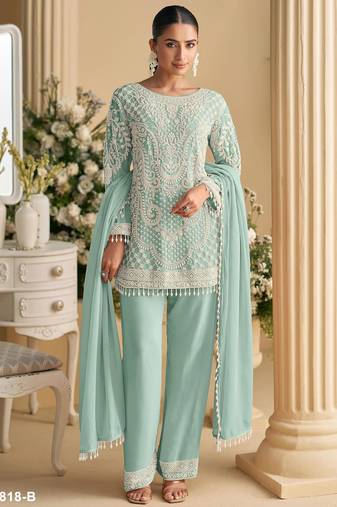 Sky blue georgette semi stitched suit with embroidered beads & sequence work