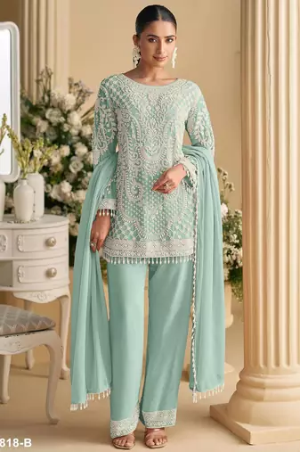 Sky blue georgette semi stitched suit with embroidered beads & sequence work