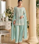 Sky blue georgette semi stitched suit with embroidered beads & sequence work