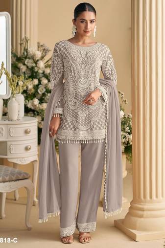 Purple georgette semi stitched suit with embroidered beads & sequence work