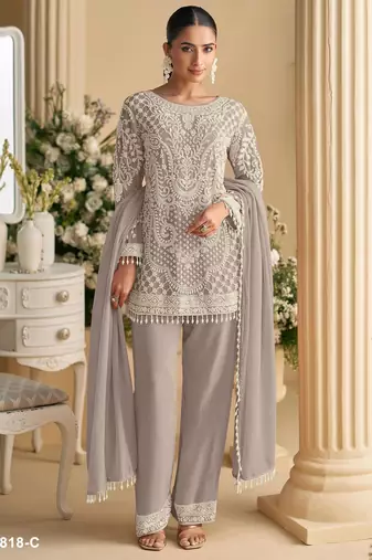 Purple georgette semi stitched suit with embroidered beads & sequence work