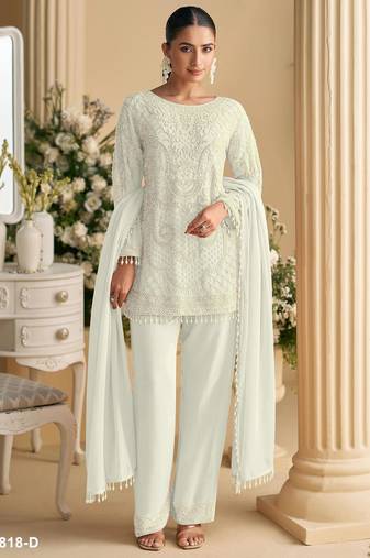 White georgette semi stitched suit with embroidered beads & sequence work