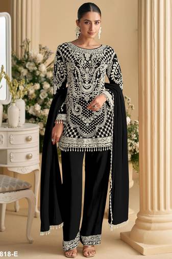 Black georgette semi stitched suit with embroidered beads & sequence work