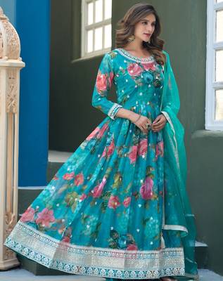 Blue taby silk readymade anarkali suit with embroidery thread & sequin  1