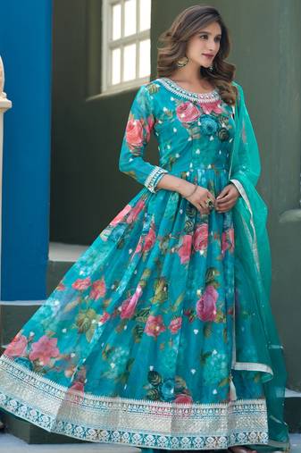 Blue taby silk readymade anarkali suit with embroidery thread & sequence work