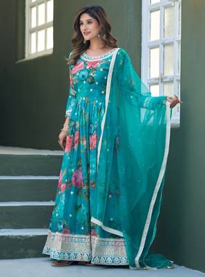 Blue taby silk readymade anarkali suit with embroidery thread & sequin  2