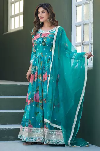 Blue taby silk readymade anarkali suit with embroidery thread & sequin 